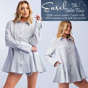EASEL “Tahiti Tunic” 100% Cotton Pin Striped Long Statement Cuffs Ruffled 9” Hem